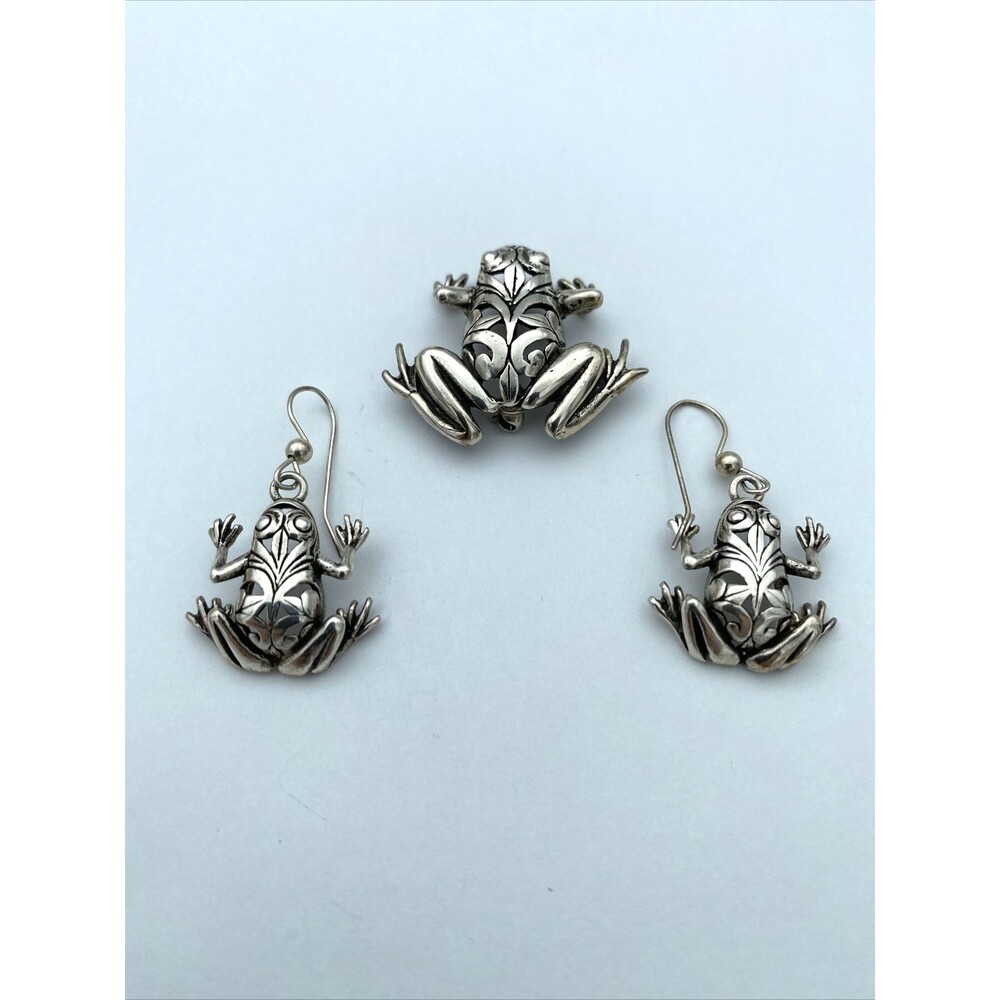 Vintage Francisco Sanchez Citali Frog Sterling Silver 925 Brooch Pin & Earrings